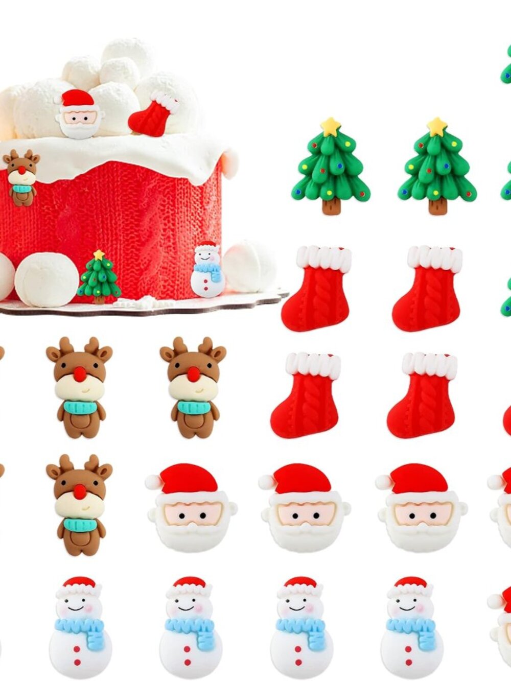 25 Pack Resin Christmas Cupcake Toppers 2D Santa Claus Snowman Christmas Tree Ca